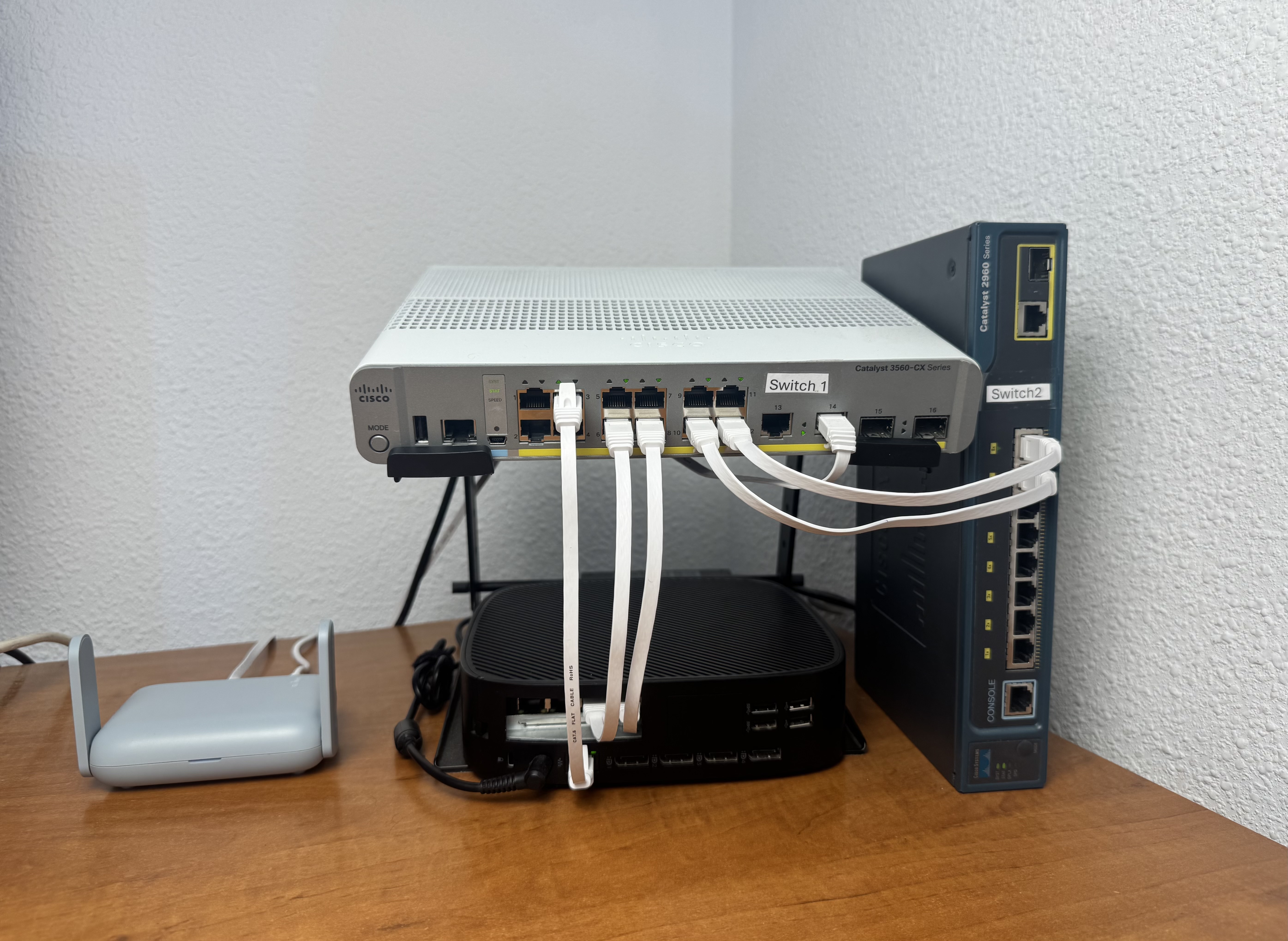CCNA lab hardware on the bench